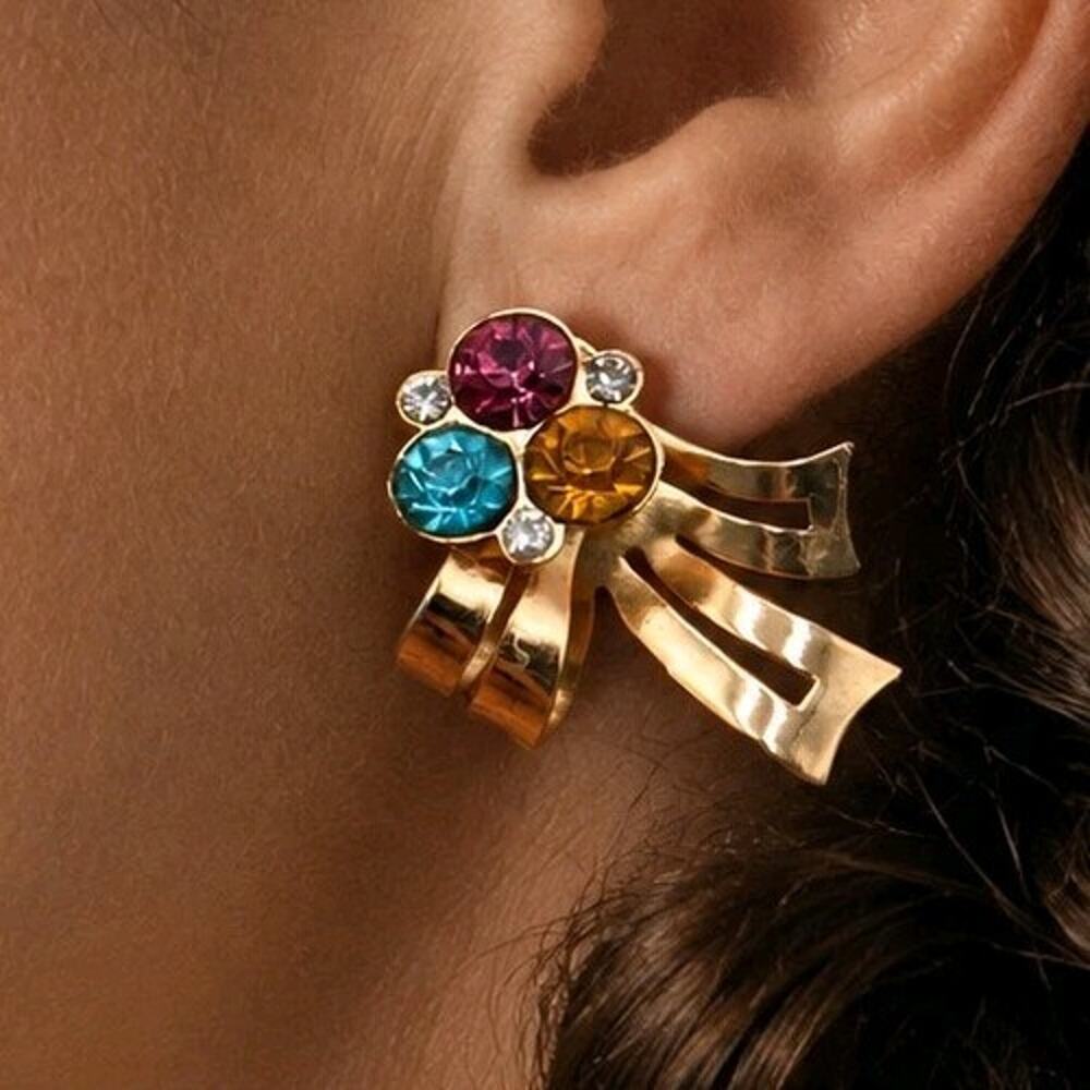 Vintage 40s Coro Screw Back Earrings Bow Ribbon Colorful Rhinestones Goldtone